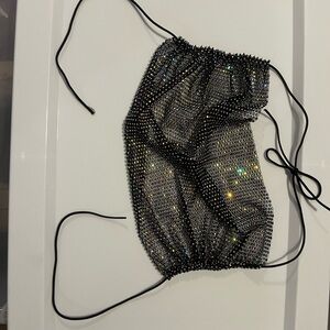 Black Rhinestone Drawstring Top